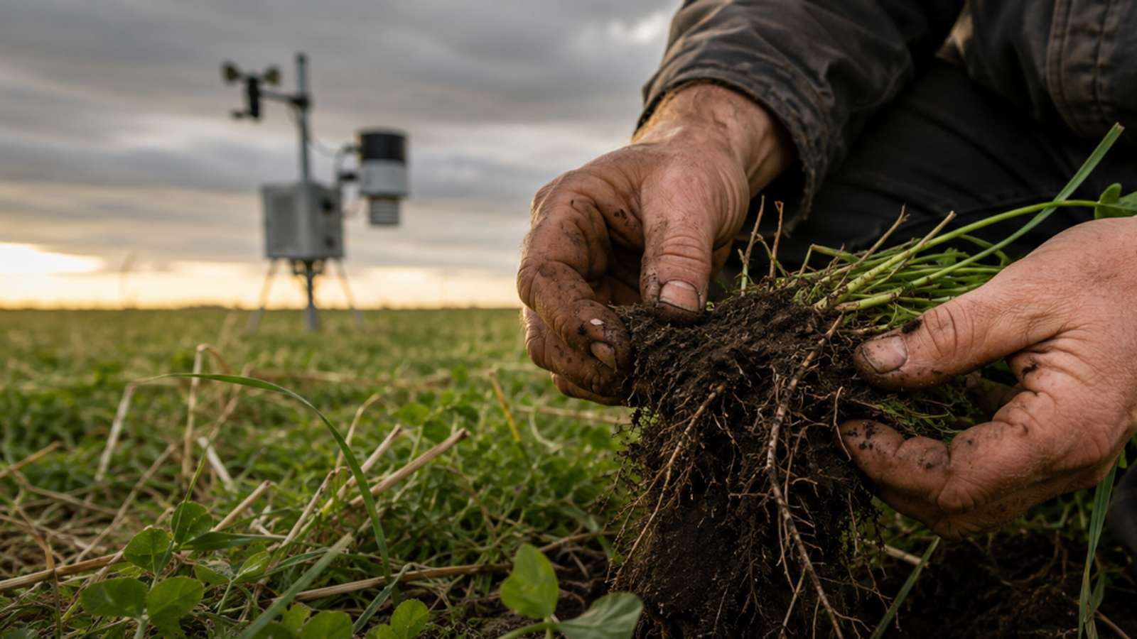 Soil-stained hands examine a rooted cover crop in a field, with a weather and soil sensor station in the background.