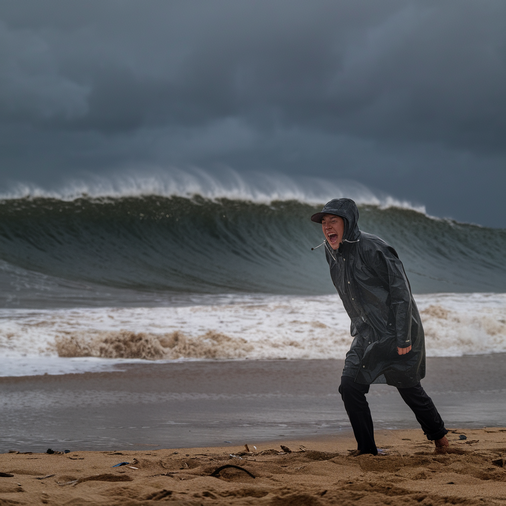 A person yelling at a wave to no effect