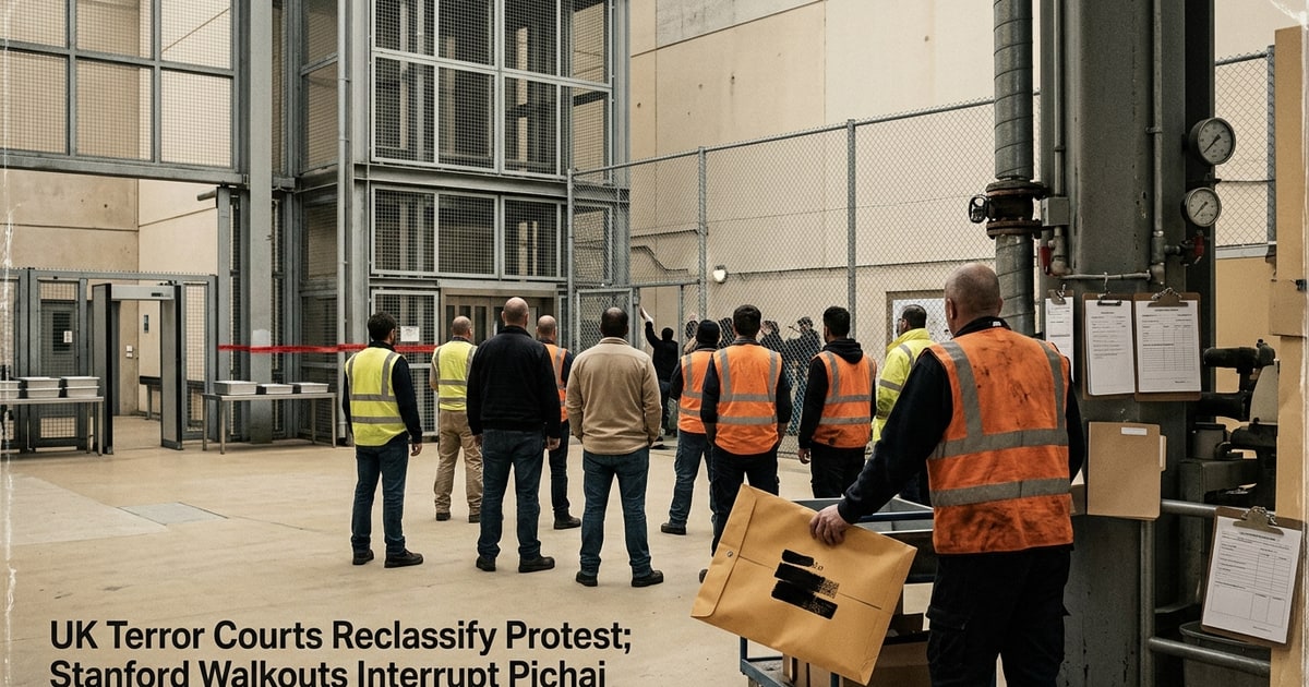 Austere editorial image representing the Pressure Systems edition “UK Terror Courts Reclassify Protest; Stanford Walkouts Interrupt Pichai”.