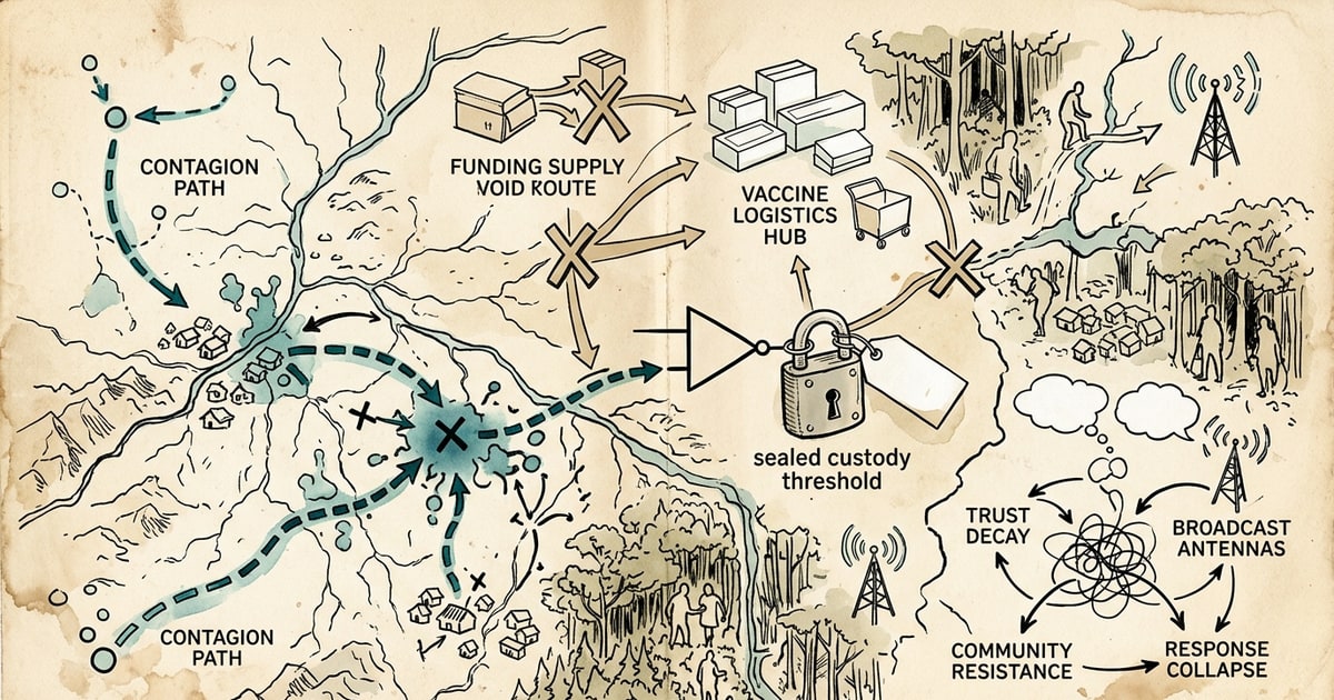 Austere editorial image representing the Pressure Systems edition “RFK Jr. Vaccine Funding Cuts Collide With Congo Ebola Outbreak”.