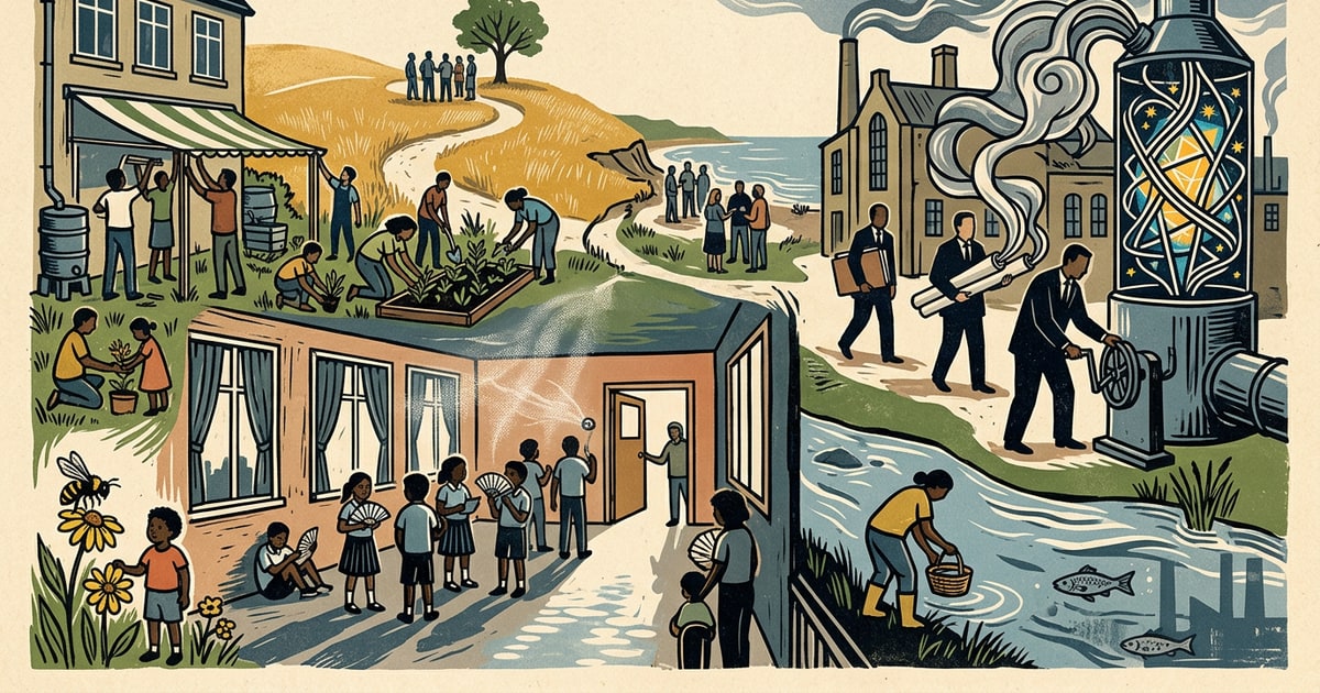 Austere editorial image representing the Pressure Systems edition “British Schools Swelter While Oil Executives Capture Carbon Science”.