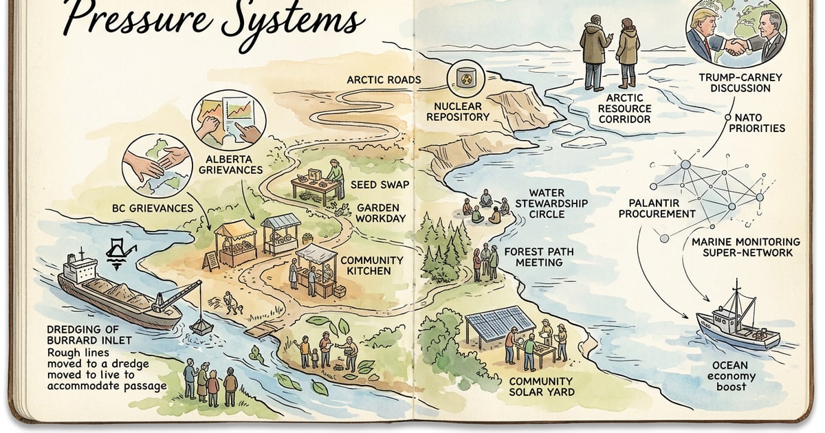 Austere editorial image representing the Pressure Systems edition “Carney and Trump Pivot Toward Arctic Resource Corridors”.