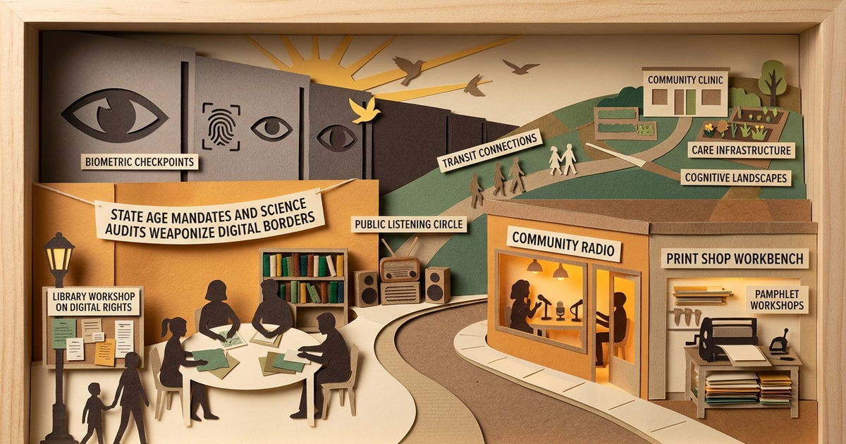 Austere editorial image representing the Pressure Systems edition “State Age Mandates and Science Audits Weaponize Digital Borders”.