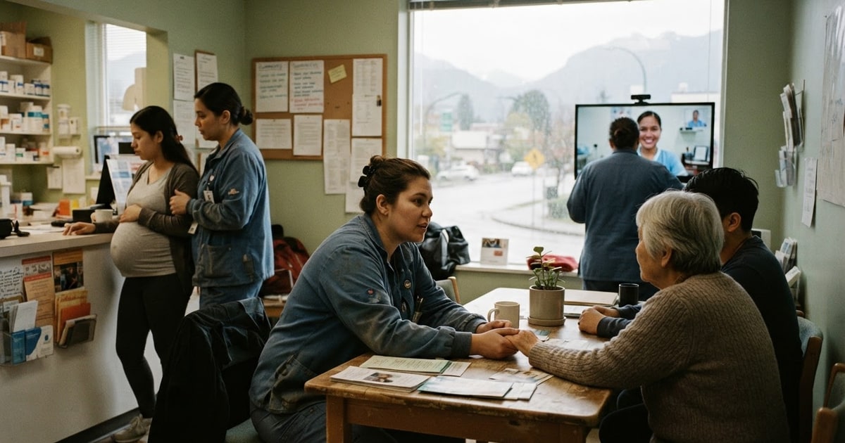 Austere editorial image representing the Pressure Systems edition “BC Nursing Strikes Meet Remote Filipino Care Bots”.