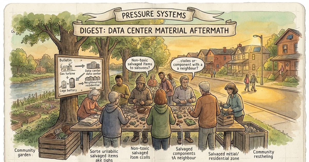 Austere editorial image representing the Pressure Systems edition “Gas Turbines and Tesla Batteries Fuel the Data Center Border War”.