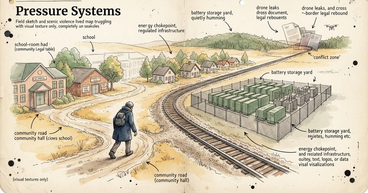 Austere editorial image representing the Pressure Systems edition “ICE Killings and Drone Leaks Trigger Cross-Border Legal Rebound”.