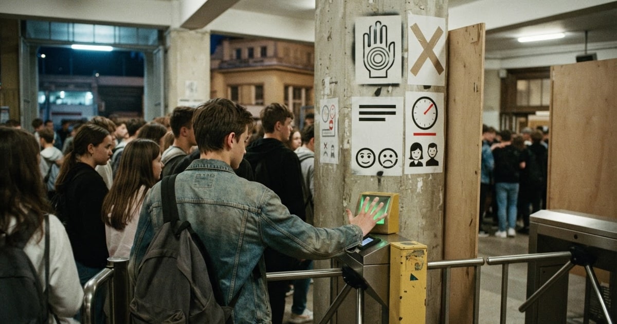 Austere editorial image representing the Pressure Systems edition “Biometric Age Gates and Curfews Enclose the Youth Internet”.