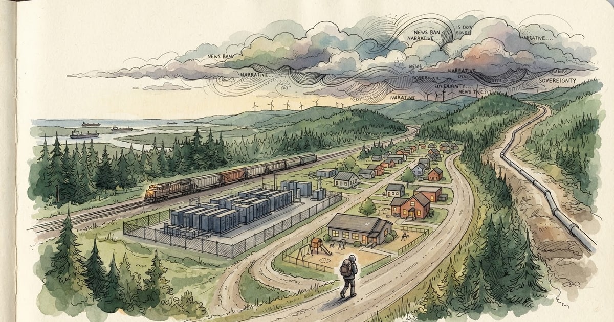 Austere editorial image representing the Pressure Systems edition “Canadian Energy Megaprojects and Media Monopolies Squeeze Provincial Sovereignty”.