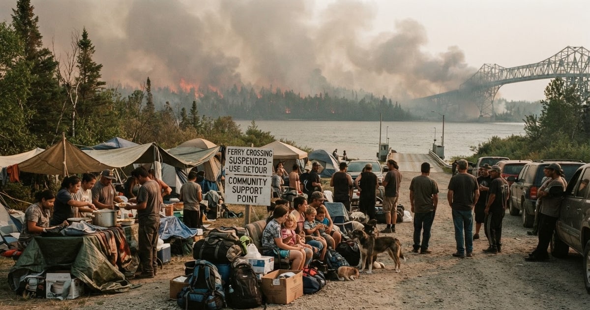 Austere editorial image representing the Pressure Systems edition “Ontario Wildfires and Border Bridges Face American Trade Coercion”.