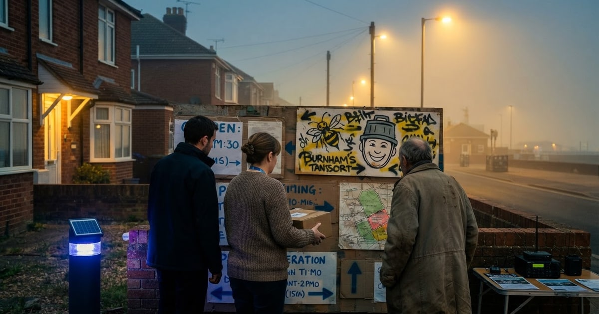 Austere editorial image representing the Pressure Systems edition “Burnham’s Bee Network Meets Binface in Clacton”.