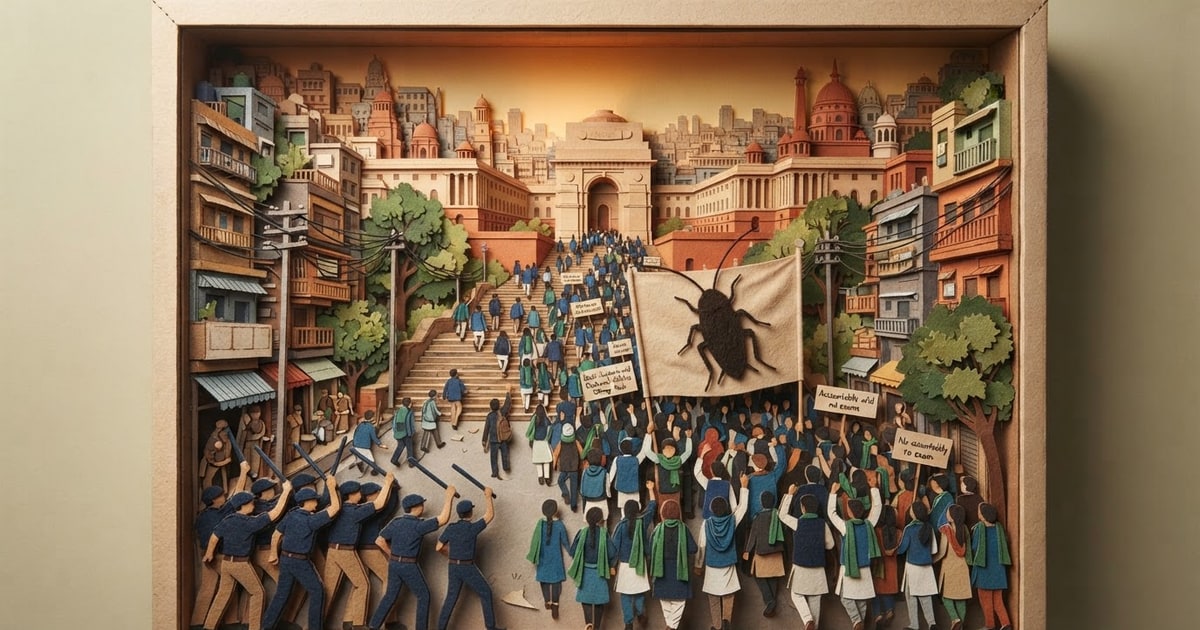 Austere editorial image representing the Pressure Systems edition “Delhi Student Marches and Cockroach Politics Challenge Modi”.