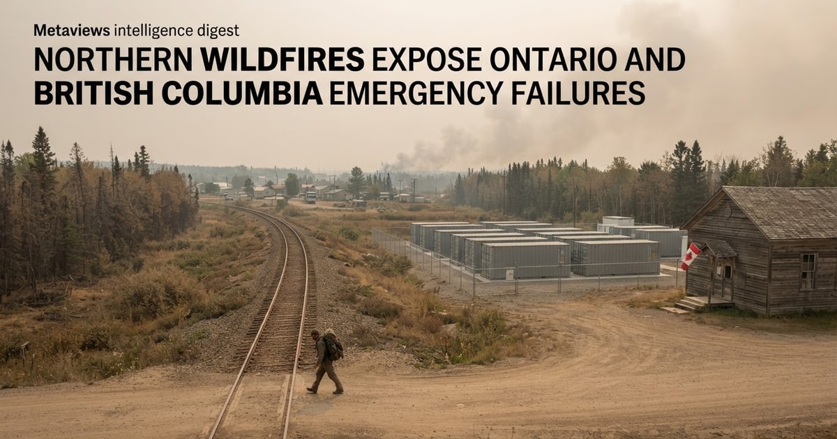 Austere editorial image representing the Pressure Systems edition “Northern Wildfires Expose Ontario and British Columbia Emergency Failures”.