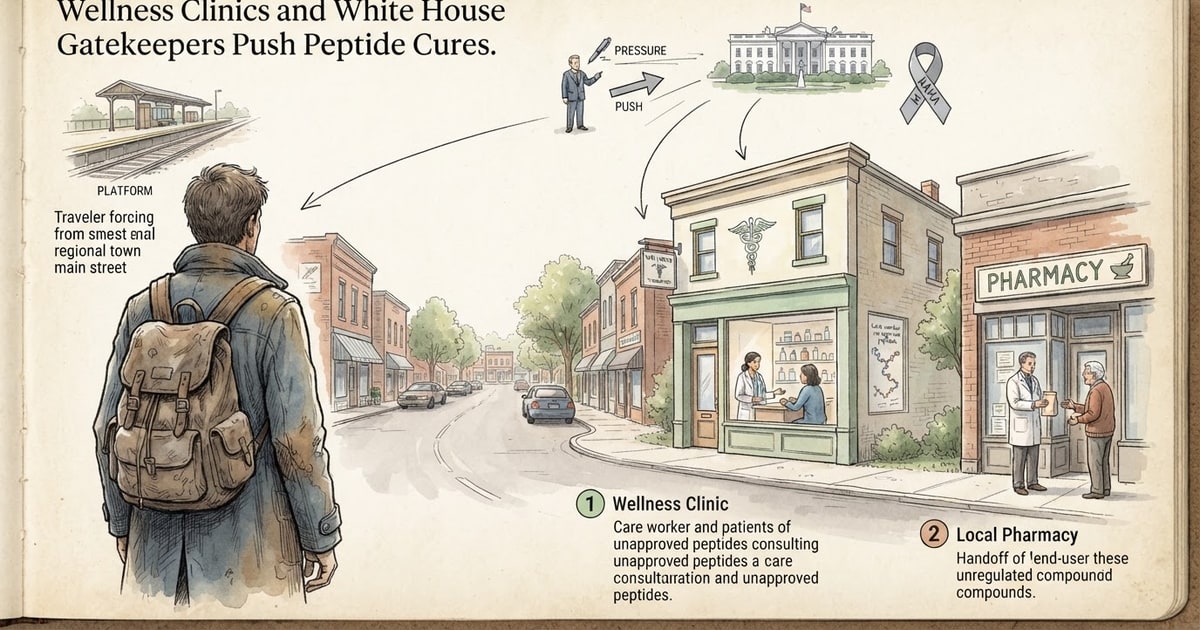 Austere editorial image representing the Pressure Systems edition “Wellness Clinics and White House Gatekeepers Push Peptide Cures”.