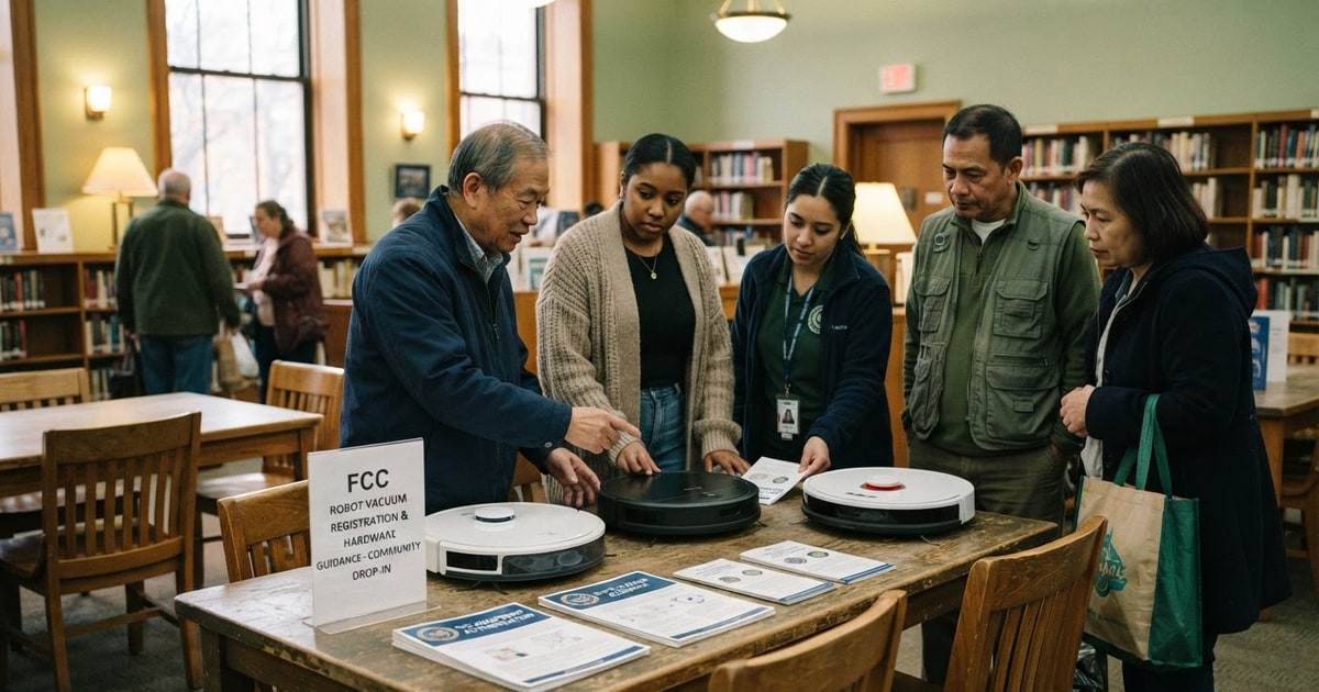 Austere editorial image representing the Pressure Systems edition “FCC Robot Vacuums and Chinese Hardware Bans”.