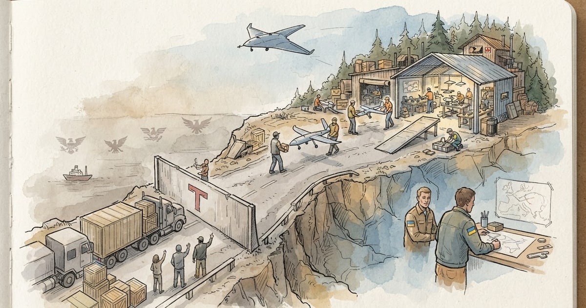 Austere editorial image representing the Pressure Systems edition “Increase in Tariffs and Drone Production Anticipate Growing US Canada Conflict”.